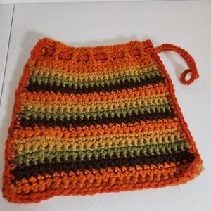 Handknit Cinch Close Bag 10"x10" Boho Orange Brown Green